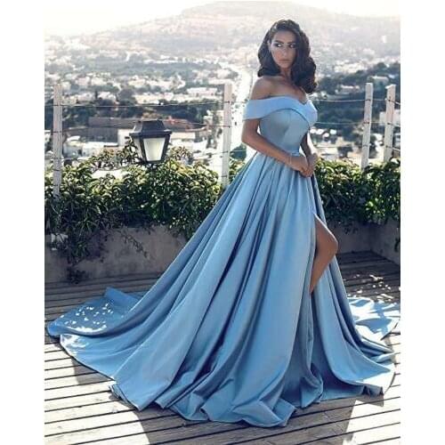 Split Off Shoulder Prom Evening Long Dress Women A-Line Satin Formal Party Gown