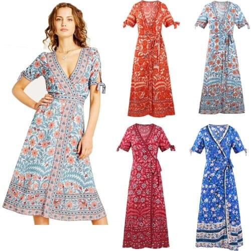 Women Floral print bat sleeve beach Bohemian dress Ladies V-neck Tassel Summer dress Boho hippie dress female 2020