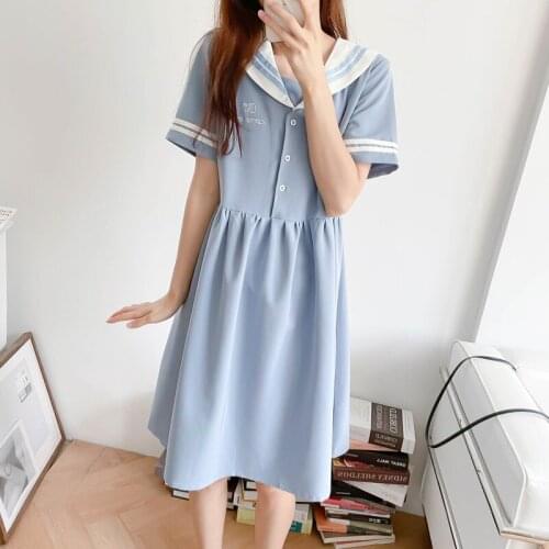 Letter Embroidery A-Line Casual Striped Dresses Women 2021 Summer Short Sleeve Sailor Collar Korean Ladies Knee Length Dress