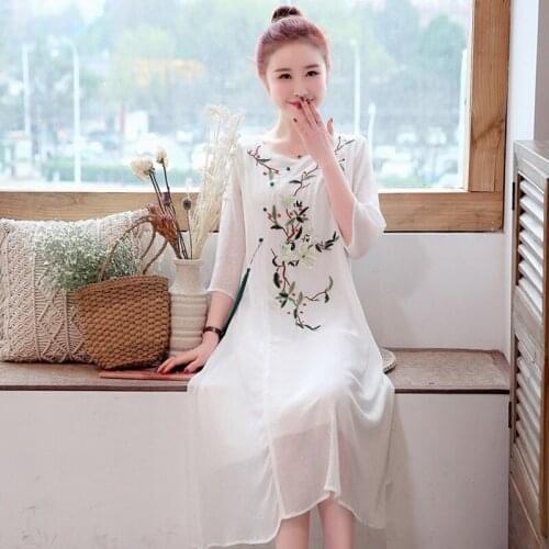 Robe Vintage Femme Fashion 2019 Summer Dresses Embroidery Midi Dress Loose Cheongsam Qipao Women Elegant Chinese Dresses TA1560