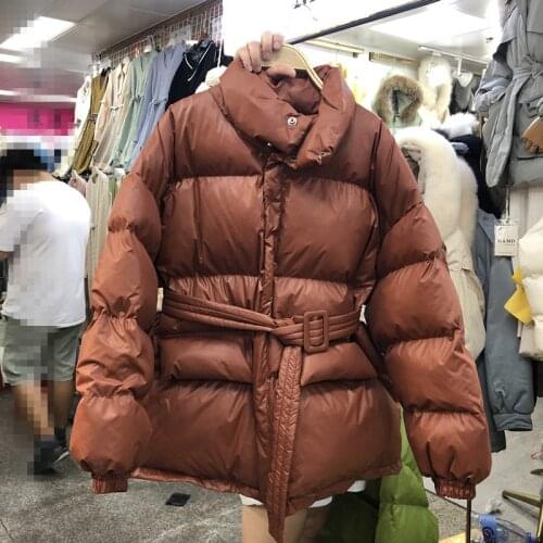Winter Puffer Coat Female Thick Warm Parka Coat Collar Collar Bubble Coat Korean Cotton Button Down Jacket with Belt Coat Green