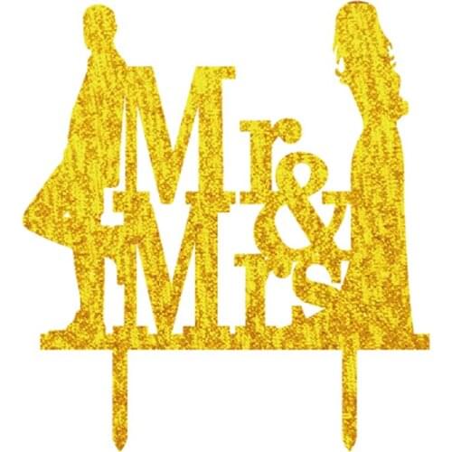 1PCS MR&MRS Gold Acrylic Cake Toppers Back to Back Couple Black Cake Stand Wedding Anniversary Party Cake Decorations