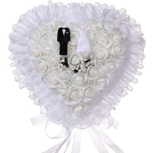 Wedding Ring Pillow Heart-shaped White Rose Flower Bride Lace Decorative Cushion Supplies