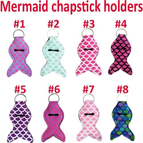 10Pcs Mermaid Tail Neoprene Lipstick Holder Keychain Chapstick Key Chain Holder Lip Balm Vibrant Prints Key Chain Holder