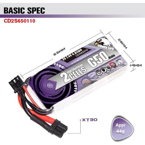 2 PCS CODDAR Rechargeable 650mAh 7.4V 2S 110C Lipo Battery XT30 Plug For FPV Racing Drone RC Quadcopter Helicopter Parts