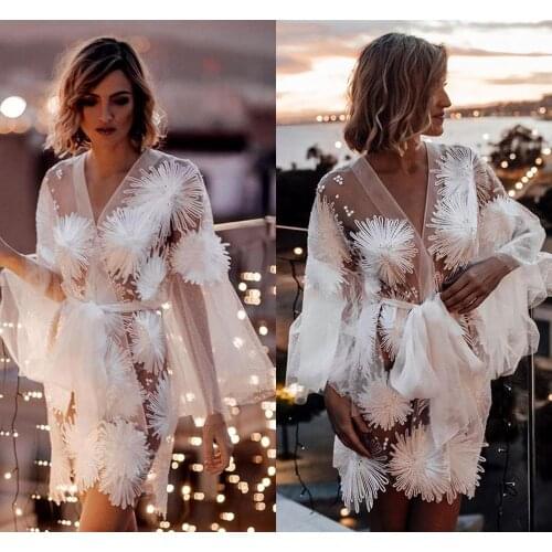 2021 Illusion Sexy Bridal Bathrobe Long Sleeve Flower Appliques Mini Short Women Sleep Wear Wedding Robe