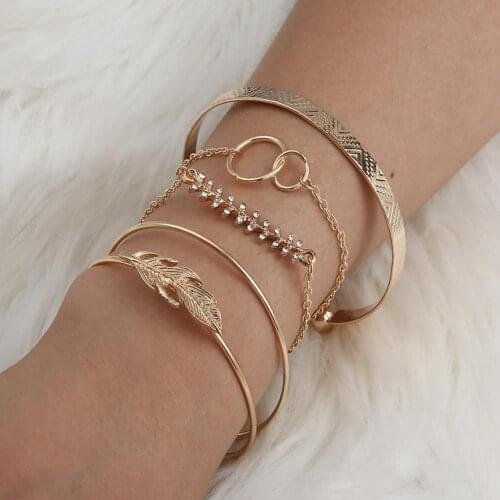 5Pcs/Set Women Fashion Leaf Rhinestone Inlaid Bangles Open Bracelets Jewelry