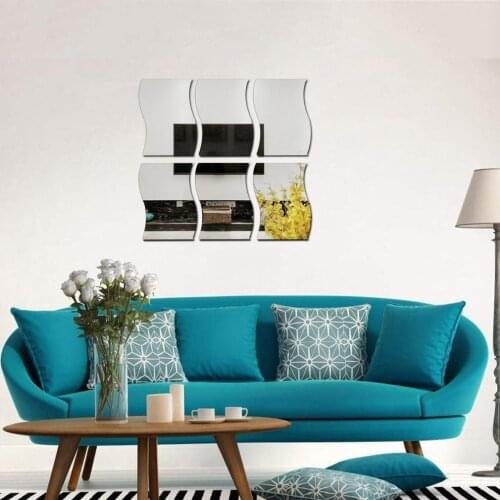 6pcs DIY Mirror Wall Sticker Wave Shape Self-adhesive 3D Crystal Mirror Wall Sticker Modern Stickers Bedroom Bathroom Decoration