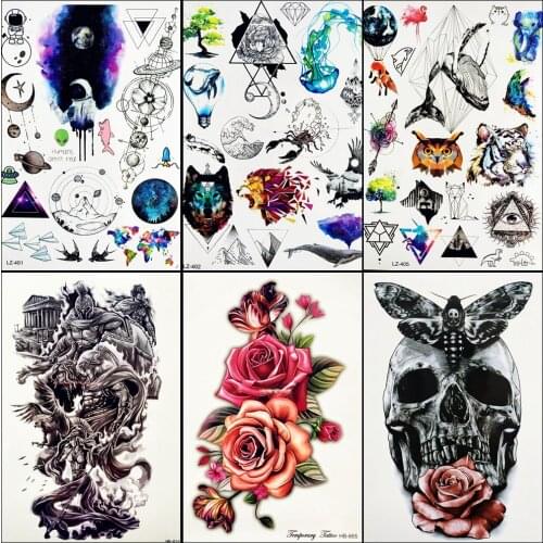 Watercolor Spaceman Temporary Tattoo Flower Celestial Body Art Fake Flash Tattoo Birds Earth World Map Tattoo Stickers ALZ-401