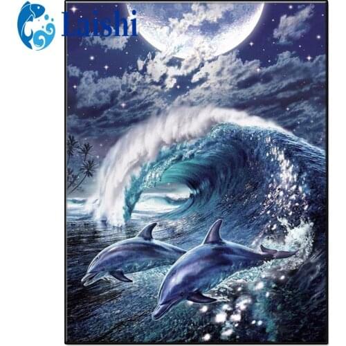 Diamond Painting On the night of the full moon, the dolphins crossed the surface Full Square/Round Drill Sale Home Decor Gift