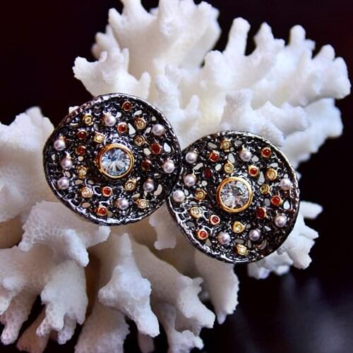New look big stud earring Pave Blue Olivine red stones/white pearl Black gold 2 tone plate jewelry vintage charming earrings