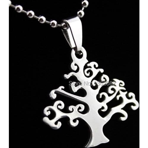 Fashion Silver Tone Stainless Steel Lucky Tree Pendant Men Women Beads Chain Necklace Gift MN58