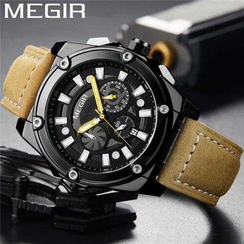 MEGIR Watch Men Chronograph Military Male Clock Top Brand Luxury Genuine Leather Fashion Classic Man Sport Wristwatch Gift 2122