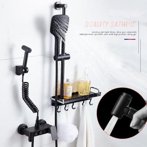 Black shower Faucet Bathroom shelf with hooks mixing valve hot and cold faucet lifting rod shower head shower accessories