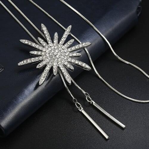 Long Necklaces & Pendants Silver Color Crystal Snowflake Chain Jewelry Maxi Necklace for Women Fashion Flower Collier