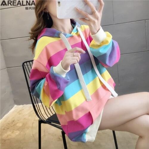 Harajuku Rainbow Stripe Hoodies Women Sweatshirt Streetwear Loose Japan Pullover Sweet Girls Fashion Sudadera Oversized Hoodie