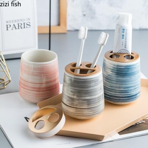 Ceramics Bathroom Supplies Lotion Bottle Handwashing Fluid Metal Pressing Head Soap Bottle Home Use Mouthwash Cup Toothbrush Cup