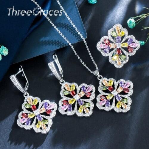 ThreeGraces Fashion Ice Flower Pendant Necklace Earrings Ring Set Sparkling Cubic Zirconia Jewelry Sets for Women JS037