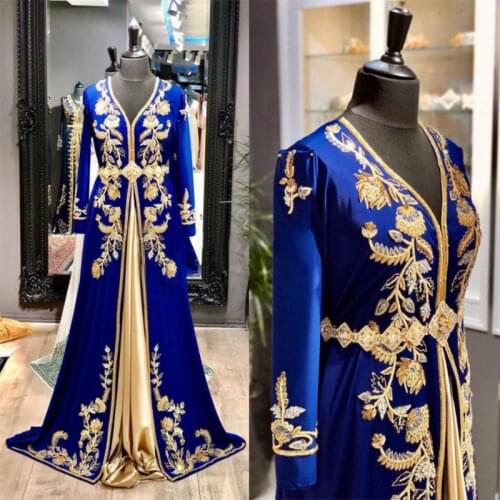 Royal Blue Moroccan kaftan Evening Dresses Long Sleeve Gold Applique Floor Length Muslim Prom Dress 2020 Arabic Special Occasion