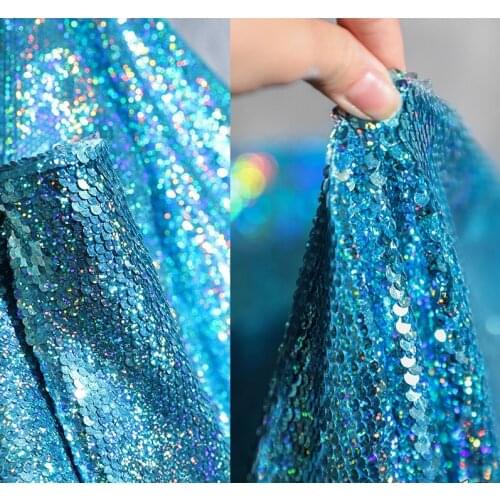 Crystal blue double-sided two-tone metal texture small fish scale sequins fabric high-grade mesh clothing designer fabric