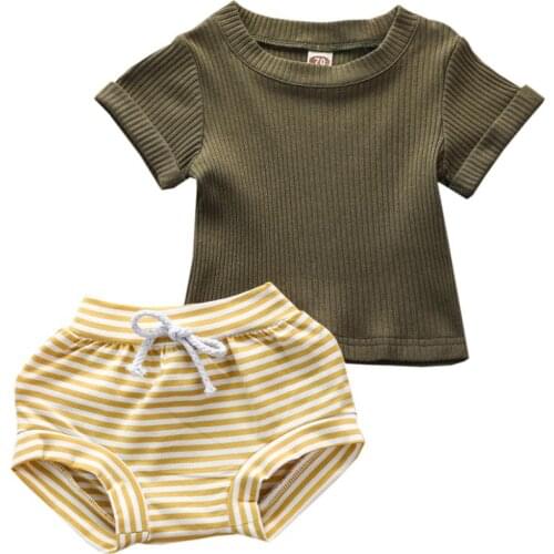 0-18M Summer Baby Clothes Outfits Infant Kids Boys Girls Solid Tops T-Shirt +Striped Shorts Suits Clothing