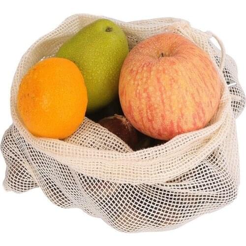 Reusable Fruit Vegetable Bag Mesh Cotton Fabric Washable Bags for Shopping Kitchen Home Organizer Bag with Drawstring S/M/L Size