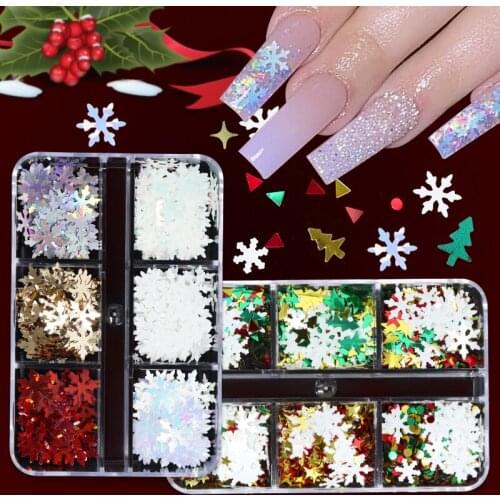 6 Grids 3D Snowflake Winter Glitter Sequins Set For Nail Art Decorations Xmas Trees Flakes Christmas Manicure Charms Accessories