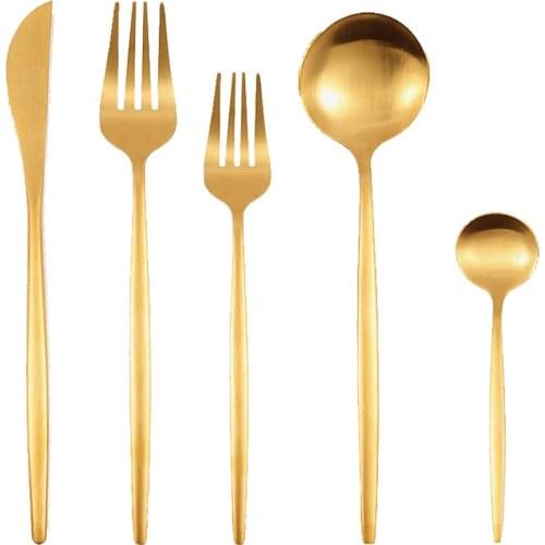 5pcs Matte Gold Cutlery Set Stainless Steel Dinnerware Tableware Utensils Dinner Table Silverware Knife Dessert Fork Tea Spoon