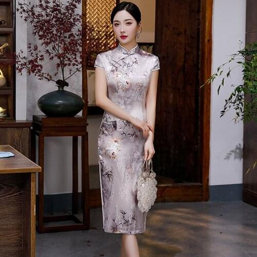 Slim Print Flower Sexy Chinese Traditional Dresses Female Large Size Satin Pink Cheongsam Wedding Party Qipao Classic Vestidos