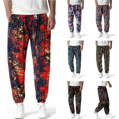 African Clothes for Men Bazin Rich Geometric Print Pants Male Bohemian Style Loose Wide Leg Casual Dashiki Fashion Trousers Man