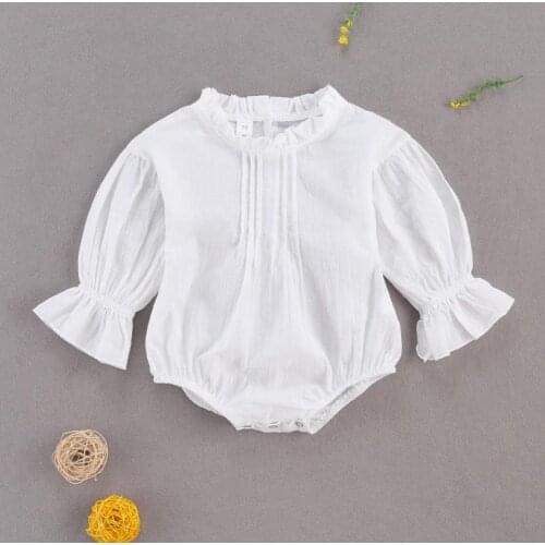 Baby Girls Solid Color Lace Jumpsuit Toddler Girl Lace Neck Long Sleeve White Lace Romper Elastic Cuffs Bodysuits Clothes