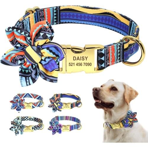 Personalized Dog Collar Nylon Pet ID Collars With Customized Tag Buckle Flower Accessories For Small Medium Large Dogs Bulldog