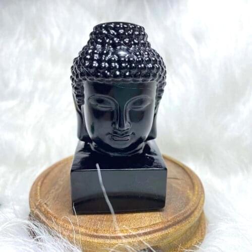 Natural Black Obsidian Quartz Crystal Buddha Head Gemstone Handmade Carvings Fengshui