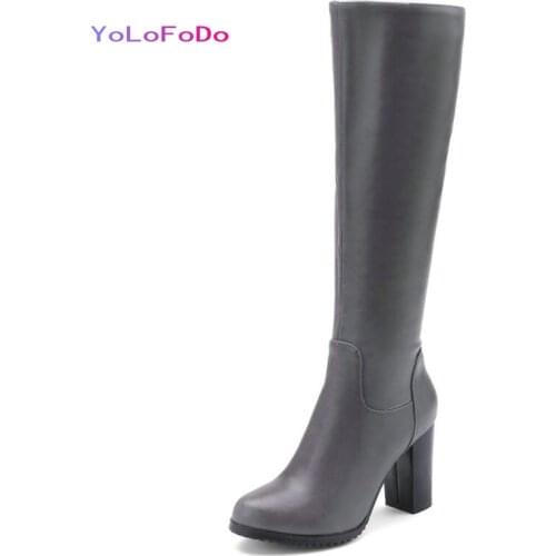 Plus Size 34-43 Women Knee High Boots Fashion Round Toe Square High Heel Calf Boots Side Zipper Short Plush Ladies Winter Shoes