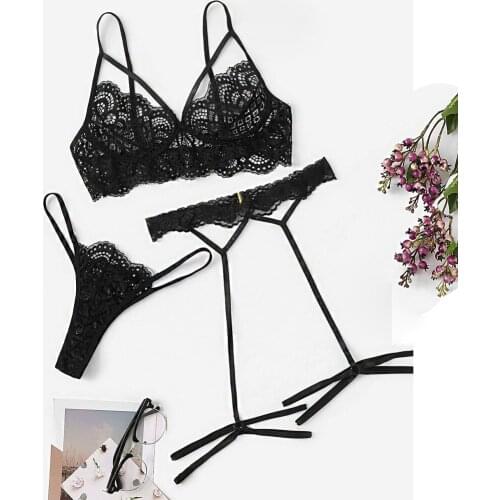 Sexy Lingerie Bra Set Womens Sexy Lace Red Sling Bra Thong Garter Underwear Set S-XL Sleepwear Lingerie Sets Lenceria