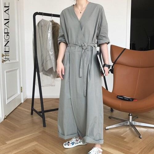 SHENGPLLAE Minimalist Jumpsuit Womens Spring 2021 New V-neck Large Size Short Sleeve High Waist Wide Leg Lace Up Jumpsuit 5B539