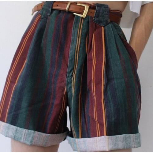 Female Stripe Students' Fashion Short Women Vintage Striped Shorts Pant Lady High Waist Crimping Slim Short Pant Girl Streetwear
