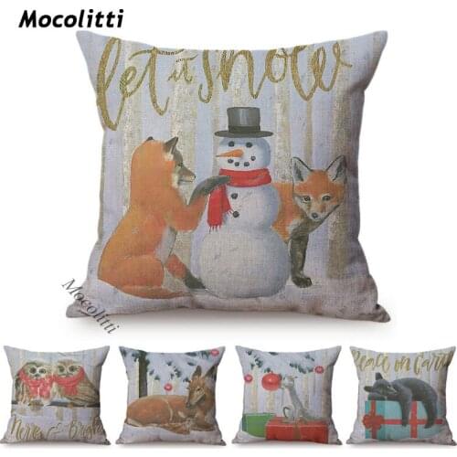 Vintage Christmas Decoration Cushion Cover Cute Small Animal Bunny Deer Fox Festive Atmosphere Home Decor Sofa Throw Pillow Case