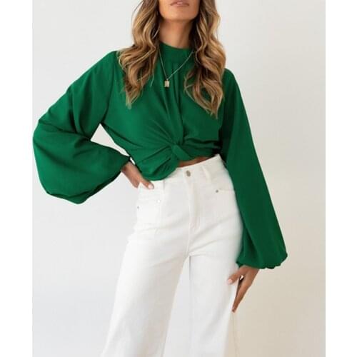 Newest Arrival Women Female Casual Blouse Solid Color Round Neck Long Sleeve Knotted Crop Tops Outfits Green/Black/Apricot