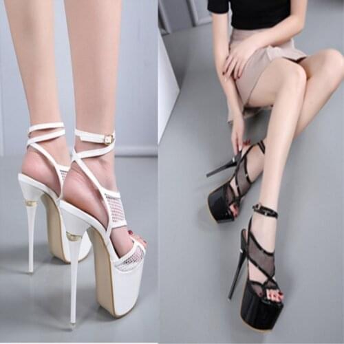 2020 Night New Womens Shoes 17cm Super High Heel 16cm Super High Heels Hollow Mesh Stage Sandals White