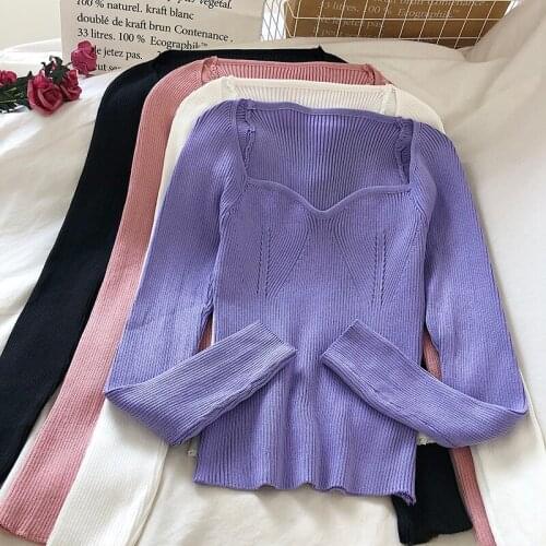 2021 Autumn Women Sweaters Solid Square Neck Vintage Slim All Match Pull Femme Korean Fashion Pullovers New Korean version