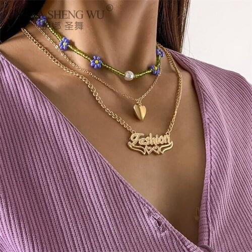 3 Pcs/Set Bohemian Multicolor Beaded Necklaces For Women Boho Gold Color Metal Chain Letter Pendant Bead Flower Necklace Jewelry