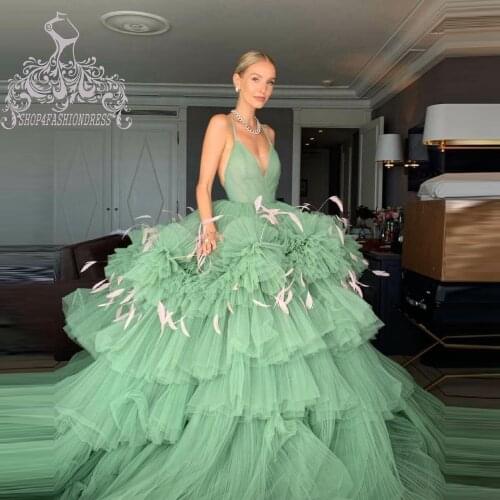 Extra Fluffy Mint Pleated Tulle Prom Gowns With Handmade Flowers Sexy Backlesss Puffy Formal Party Dress For Bridal Prom Dress