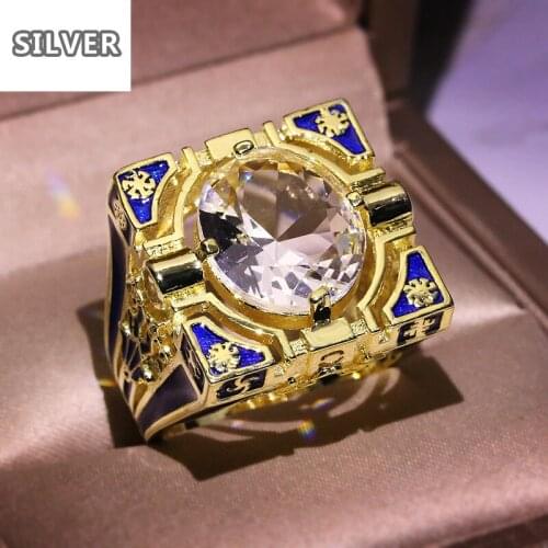 2020 style S925 enamel blue stripe inlaid with charm ladies jewelry gift Retro 18K Gold Mens Exaggerated Natural crystal Ring
