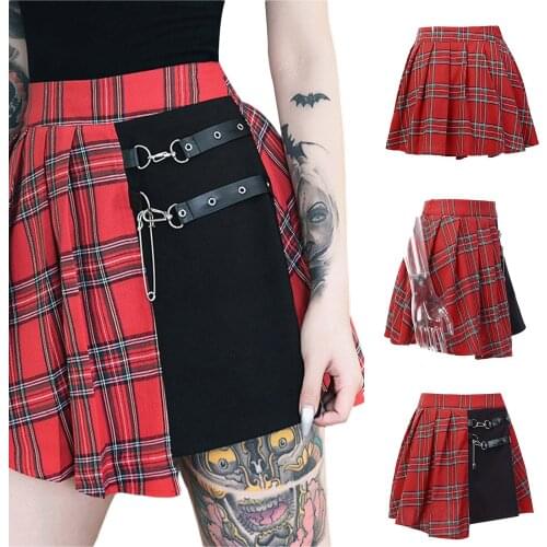 2021 Womens Summer Mini Pleated Skirts, Gothic High Waist Plaid Print Irregular A-Line Short Skirts