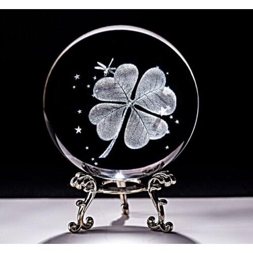 6CM Crystal Ball Four Leaf Clover Miniatures 3D Laser Engraved Glass Sphere Paperweight Home Decoration Ornaments Gifts Figurine
