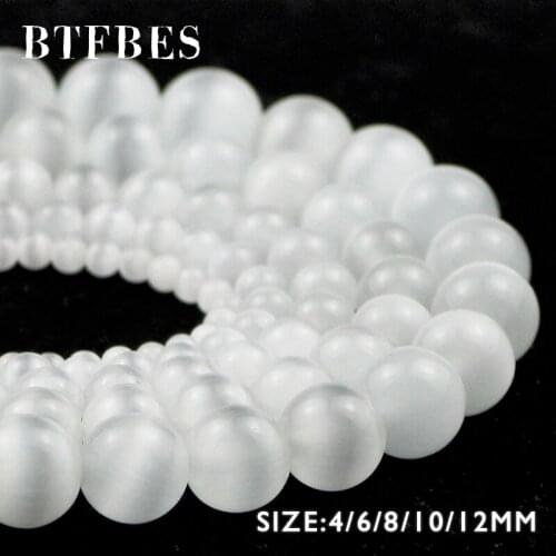BTFBES White Cats Eye Stone Wholesale Natural opal Smooth Round Loose beads for Jewelry making DIY Handmade bracelet 15