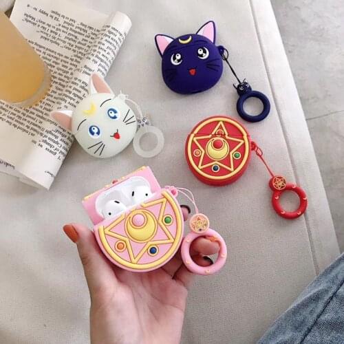 For AirPods Case Kawaii Sailor Moon Luna Cat Earphone Cases For Apple Airpods 1 2 Protect Cover with Finger Ring Strap pink