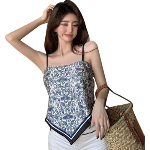 Womens Irregular Print Camisole Summer Korean Style Backless Bow Slim Sexy Tank Tops