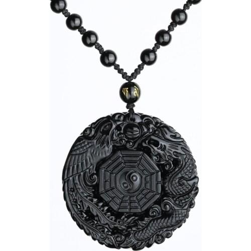 FYJS Unique Black Obsidian Chinese Style Dragon and Phoenix Pendant Handmade Beads Chain Necklace Classic Jewelry